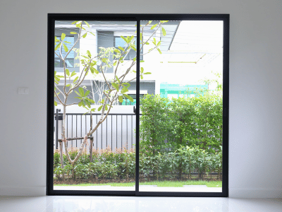 Interior view looking through a suburban patio door into the back yard