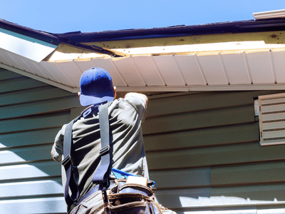 Roofer repairing fascia and soffit after storms damaged the home