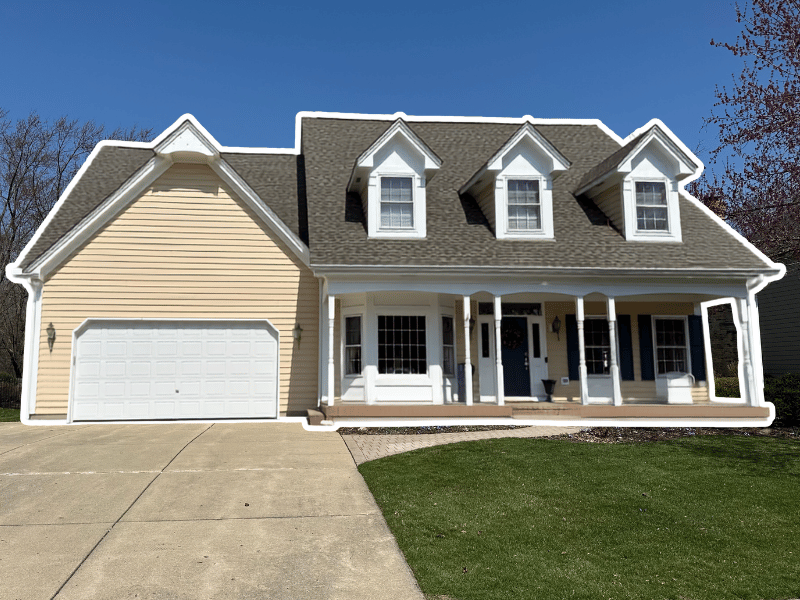 Wheaton home with new roof, gutters, and siding replacement, plus cedar siding paint